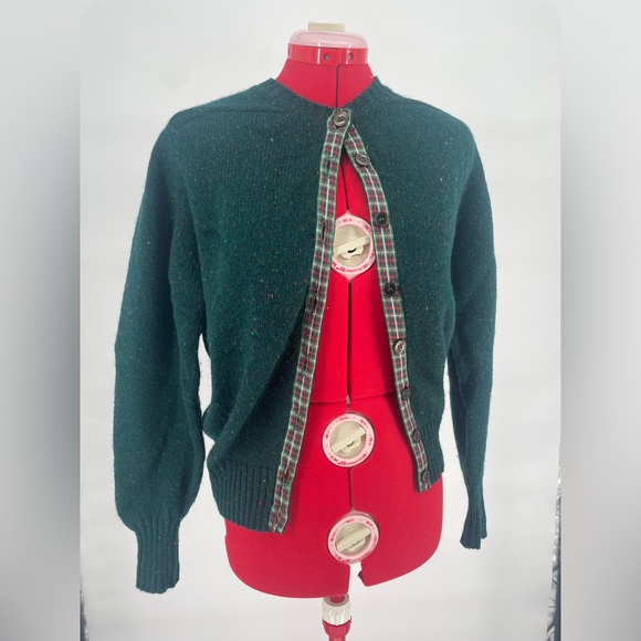 Vintage Orvis Wool Cardigan Forest Green With Contrasting Plaid Trim - Picture 2 of 9